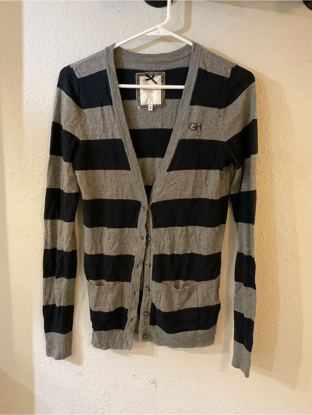 Gilly Hicks Gray & Black Striped V-Neck Button Cardigan